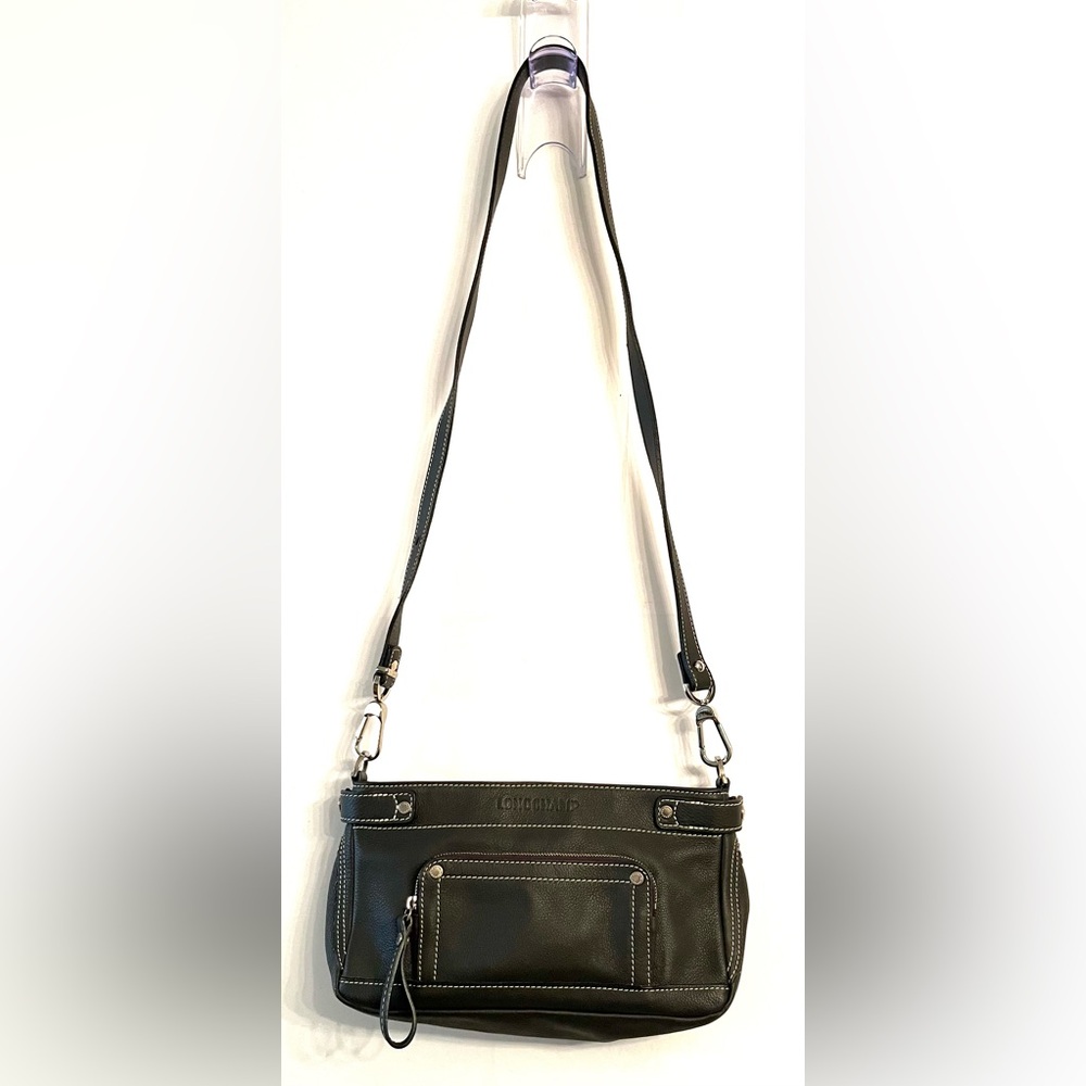 Longchamp Dark Gray Leather Crossbody • Anthracite • Contrast Stitch
